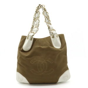 Chanel Big Chain Tote Bag Canvas Khaki